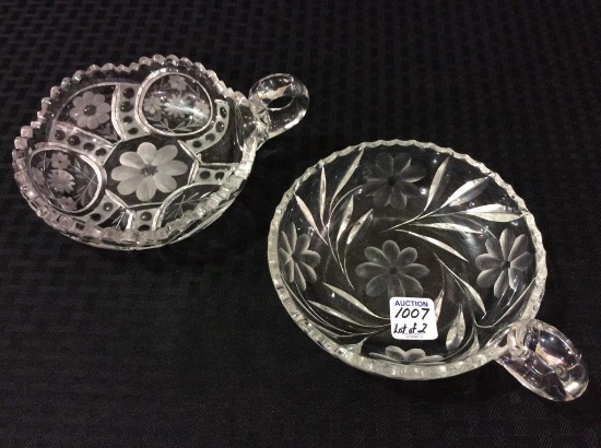 Lot of 2 Cut Glass Floral Design Round Handled