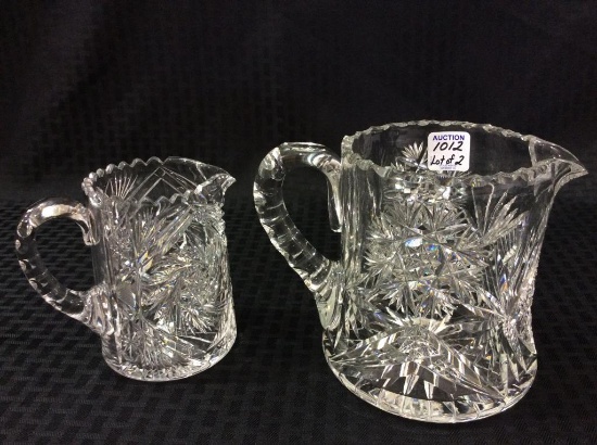 Lot of 2 Heavy Intricate Glass Pitchers