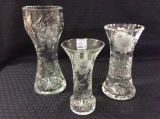Lot of 3 Floral Etched Vases-Some Cut Glass