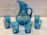 Beautiful Blue Glass Water Set w/ Enamel