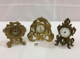 Lot of 3 Vintage Ornate Metal Bedroom Clocks-