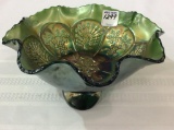 Green Carnival Three Footed Bowl w/ Peacock,