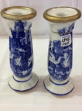 Pair of Blue & White Oriental Design Tall Candle