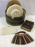 Hat Box w/ Straw Hat, Ladies White Hat, 2-Vintage