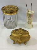 Lot of 3 Including Lg. Glass Metal Top Dresser Jar