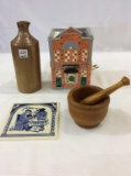 Lot of 4 Druggist Items Including Wood Mortar