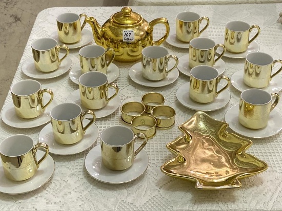 Group of Gold Finish Dishware Including Tea