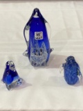Lot of 3 Glass Cobalt Blue Penguins Including