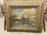 Lg. Framed Western Print Covered Wagons Crossing