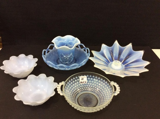 Group of 6 Blue & Opalscent Pieces Including