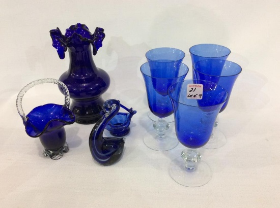 Lot of 9 Cobalt Blue Glassware Pieces