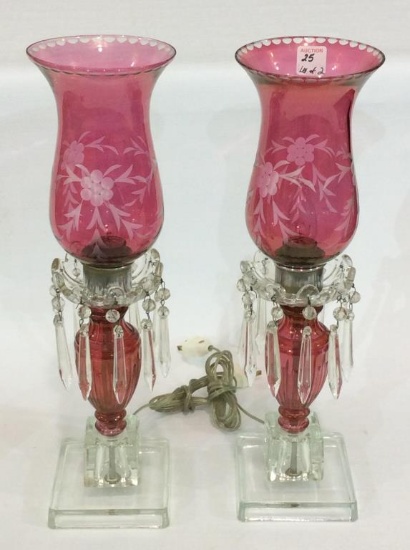 Pair of Very Nice Matching Cranberry Etched Glass