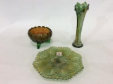 Lot of 3 Green Carnival Glass Pieces Including