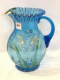 Blue Victorian Floral Paint Ruffled Edge Pitcher