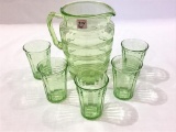 Green Depression PItcher & 5-Various Tumblers