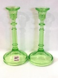 Lot of 2-9 1/2 Inch Tall Green Depression Candle