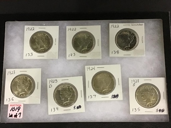 Lot of 7 Peace Silver Dollars Including
