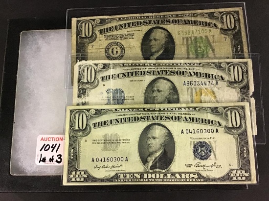 Lot of 3-10 Dollar Bills Including 2-Silver