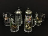 Lot of 6 Various Glass Beer Mugs & Steins