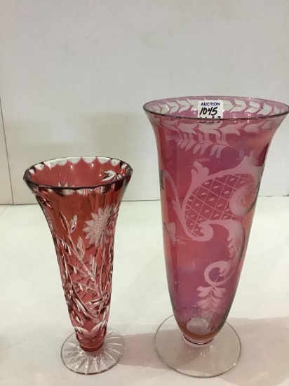 Lot of 2-Cranberry Glass Etched Vases