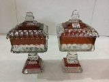 Lot of 2 Red & Crystal Covered Compotes