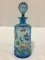 Blue Glass Cruet w/ Stopper & Floral Paint