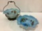 Lot of 2 Blue Glass Ruffled Edge Bride's Basket