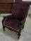 Lg. Burgundy Upholstered Wood Carved Antique Chair