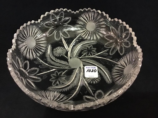 Round Cut Glass Bowl w/ Ornate Flowers