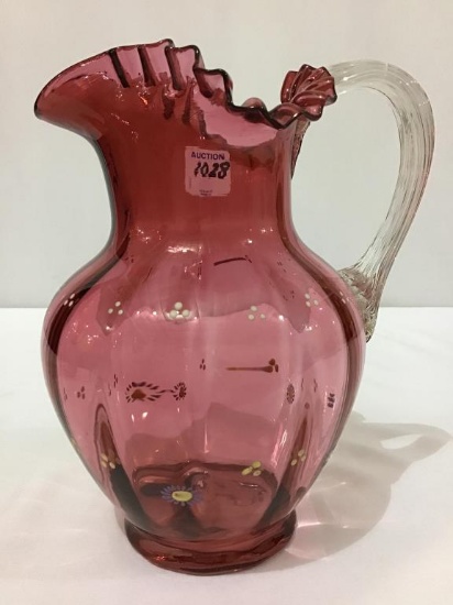 Cranberry Fluted Edge Pitcher w/ Enamel Floral