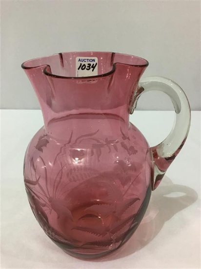 Cranberry Glass Pitcher w/ Etched Floral Design