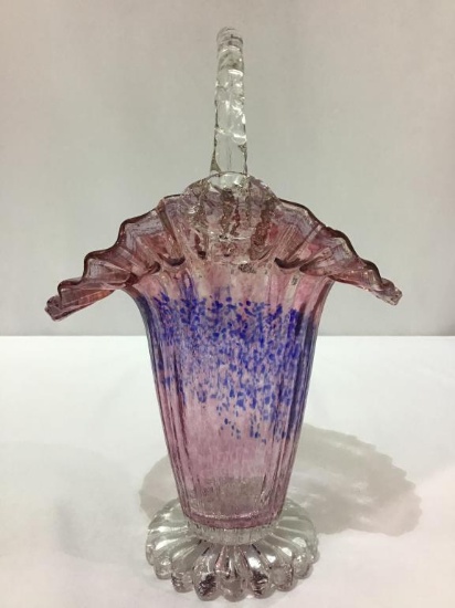 Cranberry Ruffled Edge Art Glass Basket