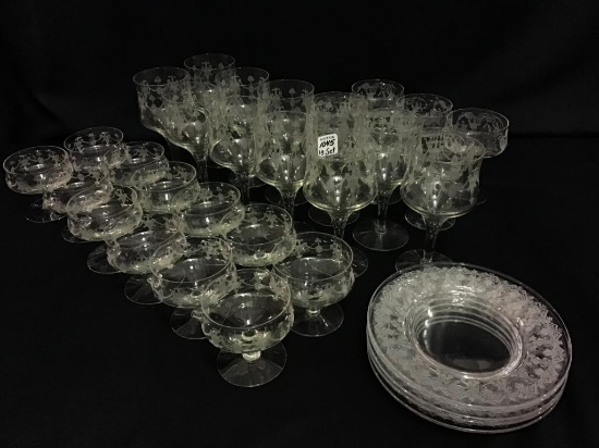 Lg. Set of 34 Matching Etched Glassware Including