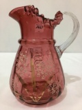 Cranberry Ruffled Edge Pitcher w/ Enamel Floral