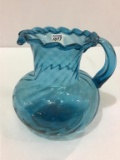 Blue Glass Ruffled Edge Pitcher (8 Inches Tall)