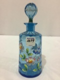 Blue Glass Cruet w/ Stopper & Floral Paint