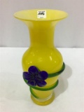 Tall Yellow Art Glass Vase w/ Cobalt Blue Applied