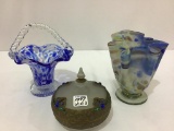 Lot of 3 Including Cobalt Blue Art Glass Handled