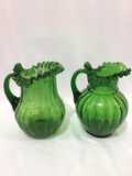 Lot of 2 Green Glass Ruffled Edge Pitchers-One w/