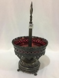 Ornate Metal Server w/ Cranberry Glass Insert