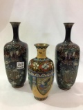 Lot of 3 Cloisonne Vases Including Matched