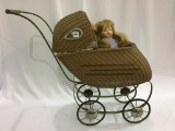 Vintage Wicker Doll Buggy w/ 2 Composition Dolls