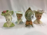 Lot of 4 Including 3-Various Ladies Head Vases-