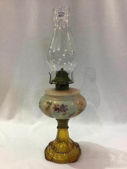 Amber Glass Base Kerosene Lamp w/ Hand Painted