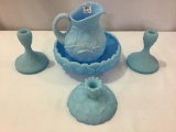 Lot of 5 Blue Fenton Pieces Including Pitcher