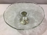 Sterling Silver Base Etched Glass Cake Plate