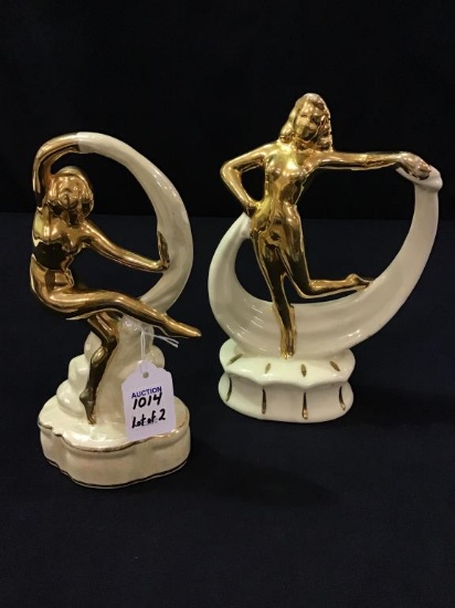 Lot of 2 Gold & White Nude Girl Flower Frogs