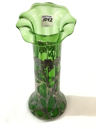 Green Silver Overlay Vase (11 Inches Tall)