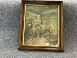 Antique Framed Print-Children w/ Sheep-Signed