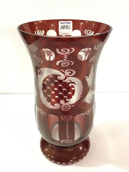 Red Glass Etched Vase w/ Castle & Deer Design-